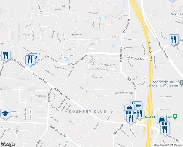 map of restaurants, bars, coffee shops, grocery stores, and more near 1382 Miraflores Glen in Escondido