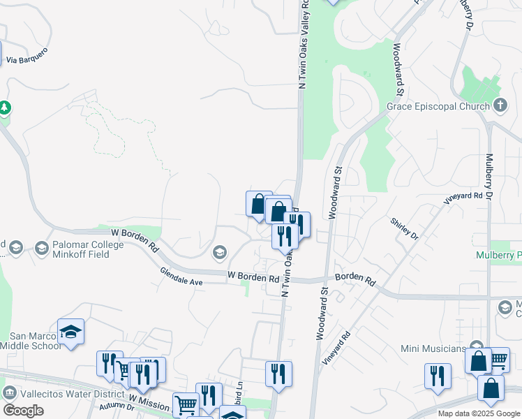 map of restaurants, bars, coffee shops, grocery stores, and more near 150 Montessa Way in San Marcos