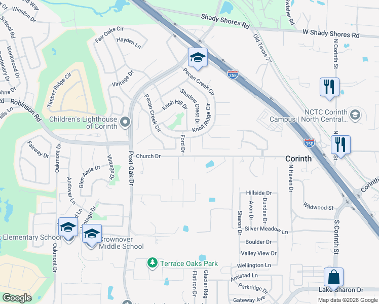map of restaurants, bars, coffee shops, grocery stores, and more near 1506 Springbrook Street in Corinth