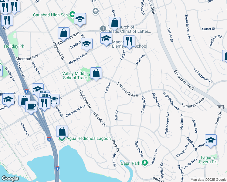 map of restaurants, bars, coffee shops, grocery stores, and more near 4005 Isle Dr in Carlsbad