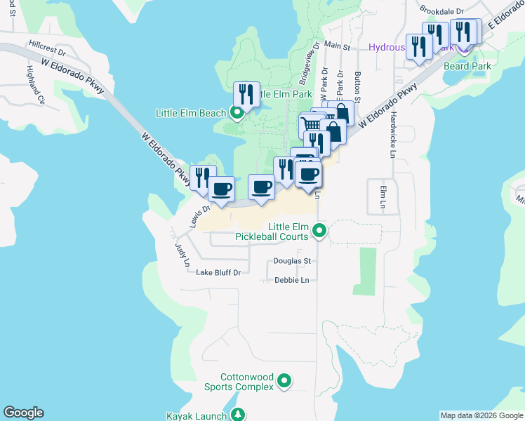 map of restaurants, bars, coffee shops, grocery stores, and more near 904 West Eldorado Parkway in Little Elm