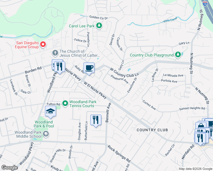 map of restaurants, bars, coffee shops, grocery stores, and more near 1737-1749 Harold Road in Escondido