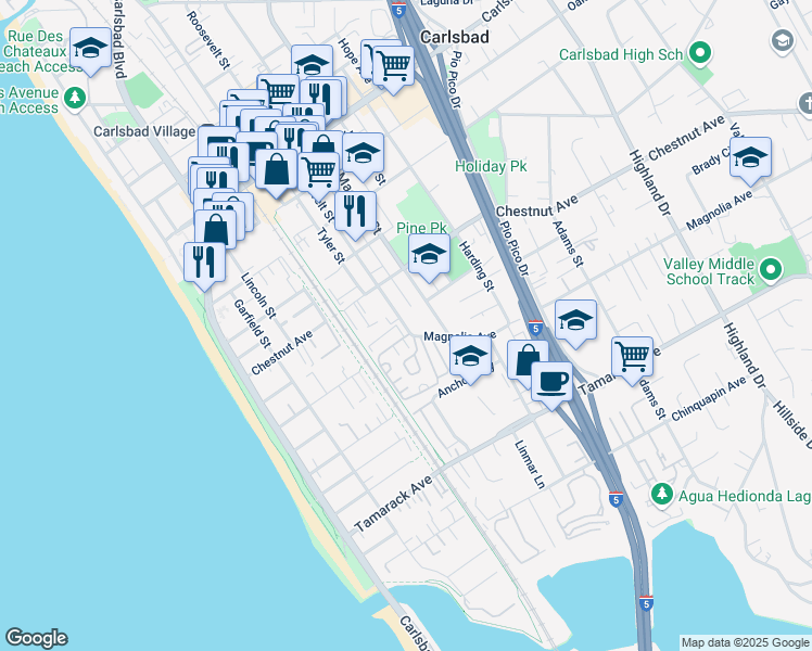 map of restaurants, bars, coffee shops, grocery stores, and more near 3539 Roosevelt Street in Carlsbad