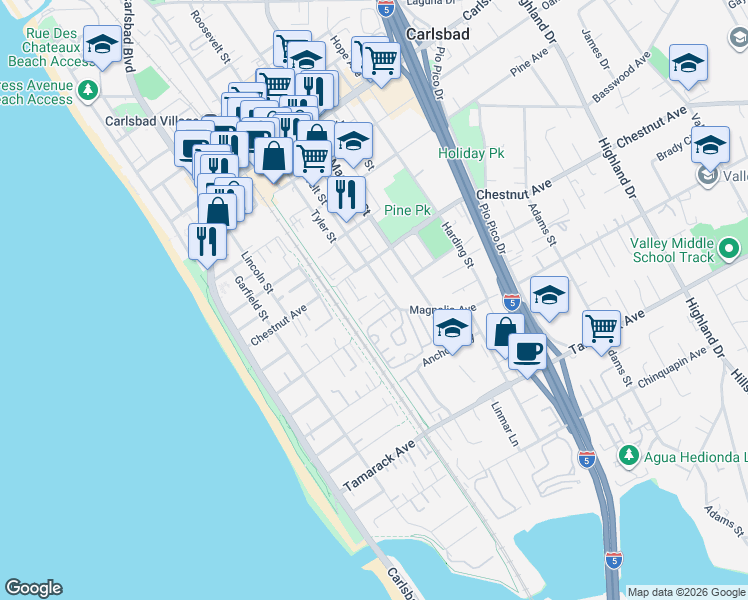 map of restaurants, bars, coffee shops, grocery stores, and more near 3539 Roosevelt Street in Carlsbad
