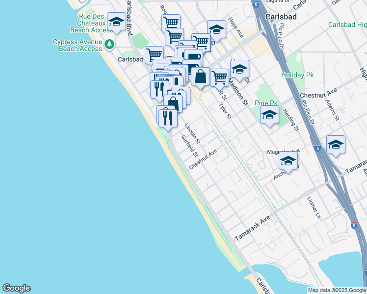 map of restaurants, bars, coffee shops, grocery stores, and more near 166 Walnut Avenue in Carlsbad