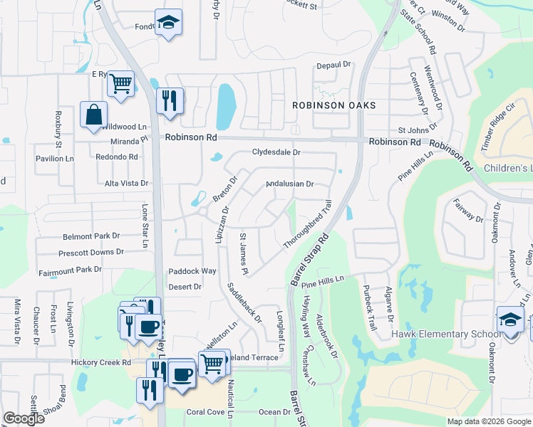 map of restaurants, bars, coffee shops, grocery stores, and more near 3215 Friesan Court in Denton