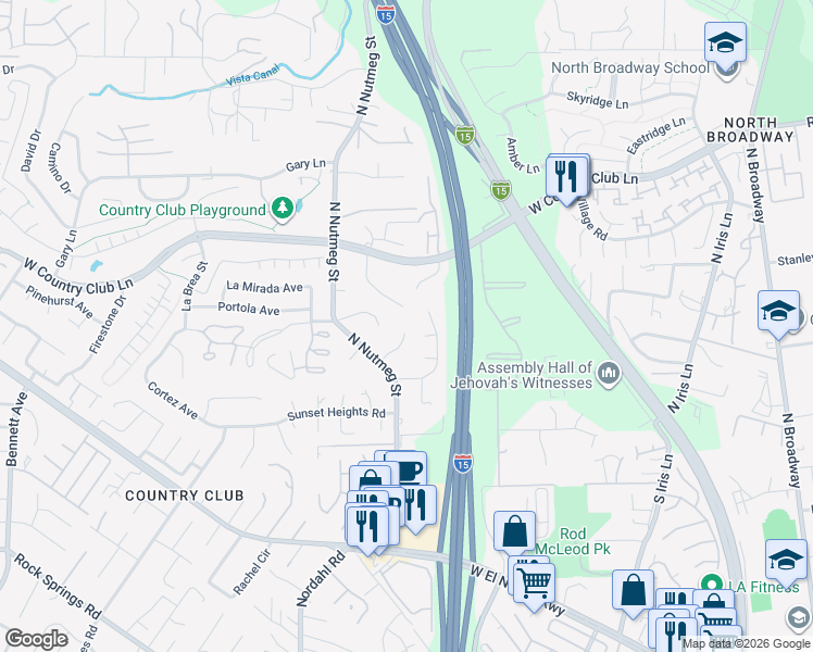 map of restaurants, bars, coffee shops, grocery stores, and more near 2036 Leo Court in Escondido