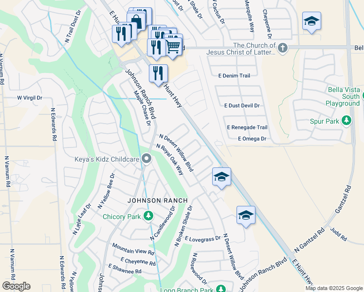 map of restaurants, bars, coffee shops, grocery stores, and more near 632 East Solitude Trail in San Tan Valley