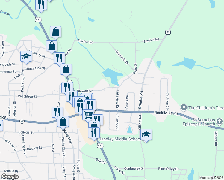 map of restaurants, bars, coffee shops, grocery stores, and more near 332 Stewart Drive in Roanoke