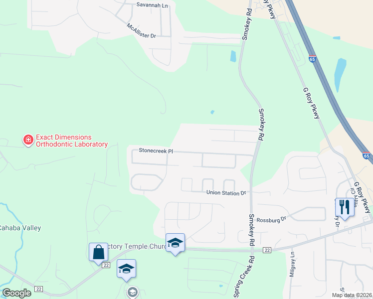 map of restaurants, bars, coffee shops, grocery stores, and more near 208 Stonecreek Place in Calera
