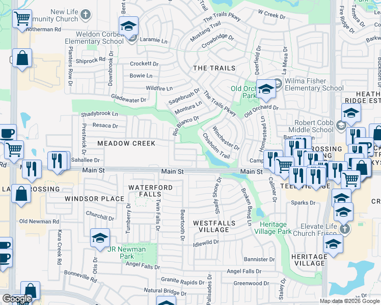 map of restaurants, bars, coffee shops, grocery stores, and more near 1723 Garrison Drive in Frisco