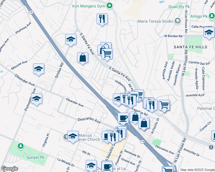map of restaurants, bars, coffee shops, grocery stores, and more near 3421 Polley Drive in San Marcos
