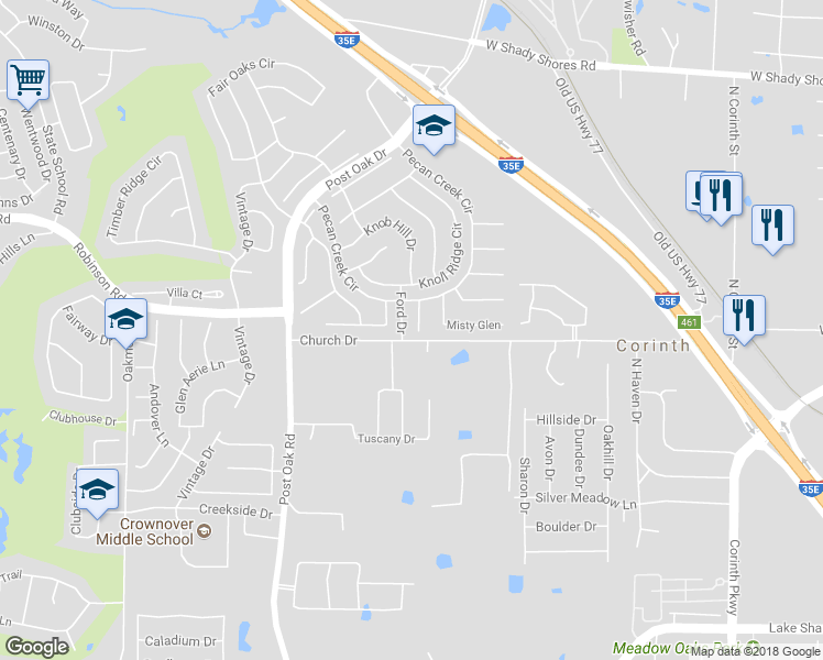 map of restaurants, bars, coffee shops, grocery stores, and more near 1506 Springbrook Street in Corinth