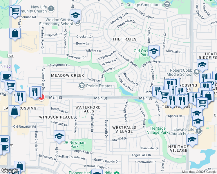 map of restaurants, bars, coffee shops, grocery stores, and more near 1723 Garrison Drive in Frisco