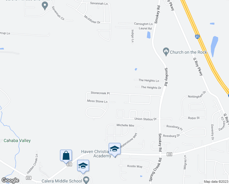 map of restaurants, bars, coffee shops, grocery stores, and more near 224 Stonecreek Place in Calera