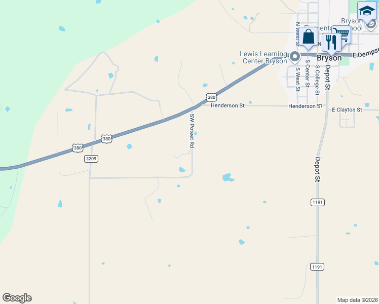map of restaurants, bars, coffee shops, grocery stores, and more near Southwest Poteet Road in Bryson