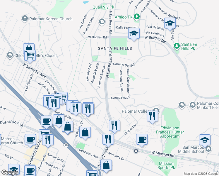 map of restaurants, bars, coffee shops, grocery stores, and more near 1236 Corte Cielo in San Marcos