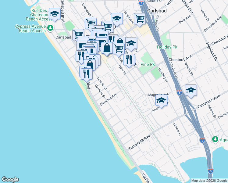 map of restaurants, bars, coffee shops, grocery stores, and more near 340 Chestnut Avenue in Carlsbad