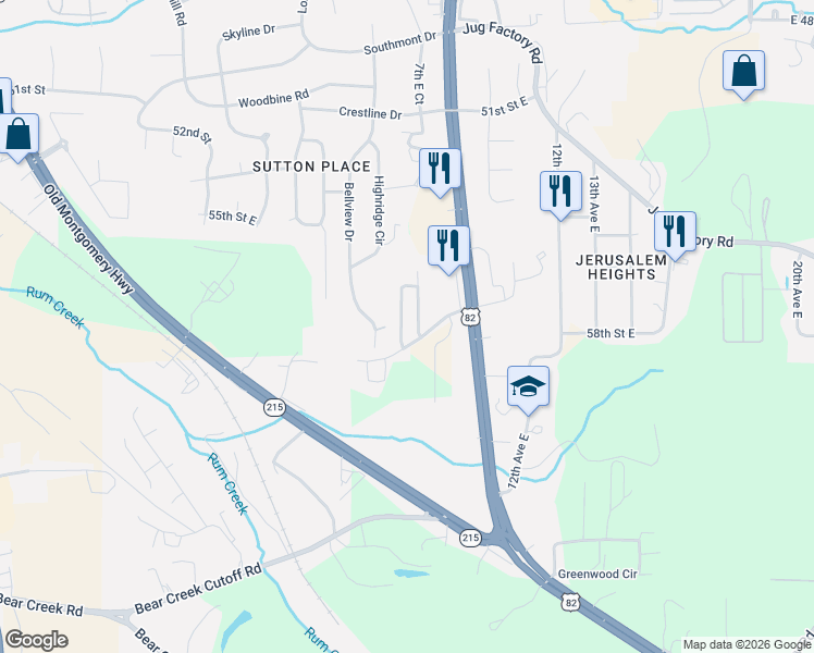 map of restaurants, bars, coffee shops, grocery stores, and more near 5660 Morning Glory Ln in Tuscaloosa