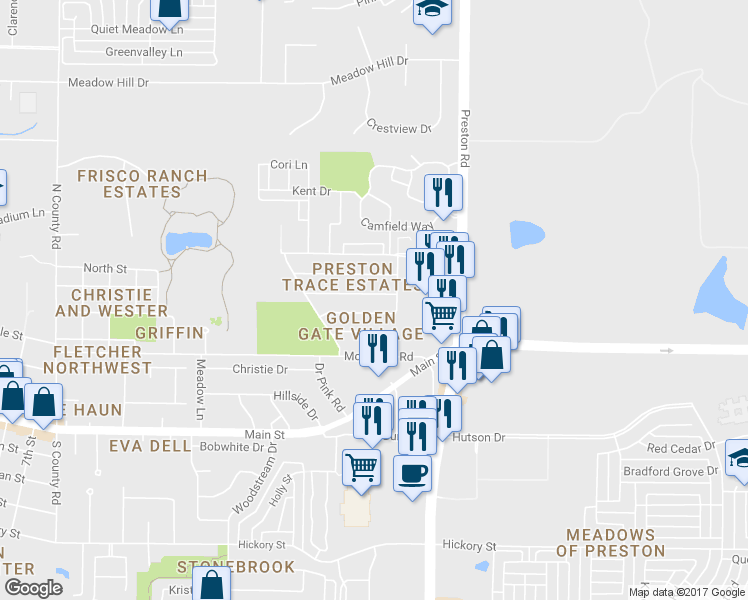 map of restaurants, bars, coffee shops, grocery stores, and more near 8681 Santa Clara Drive in Frisco