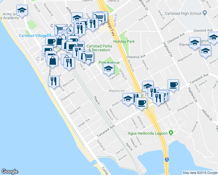 map of restaurants, bars, coffee shops, grocery stores, and more near 3557 Madison St in Carlsbad