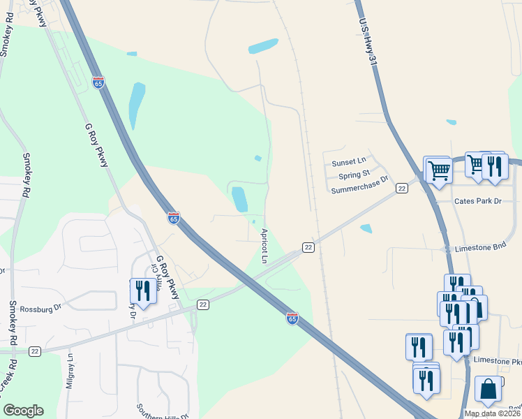 map of restaurants, bars, coffee shops, grocery stores, and more near 31 Apricot Drive in Calera