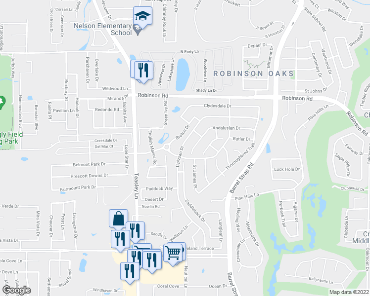 map of restaurants, bars, coffee shops, grocery stores, and more near 3214 Lipizzan Drive in Denton