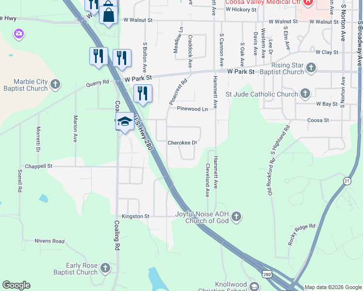 map of restaurants, bars, coffee shops, grocery stores, and more near 907 Cherokee Drive in Sylacauga
