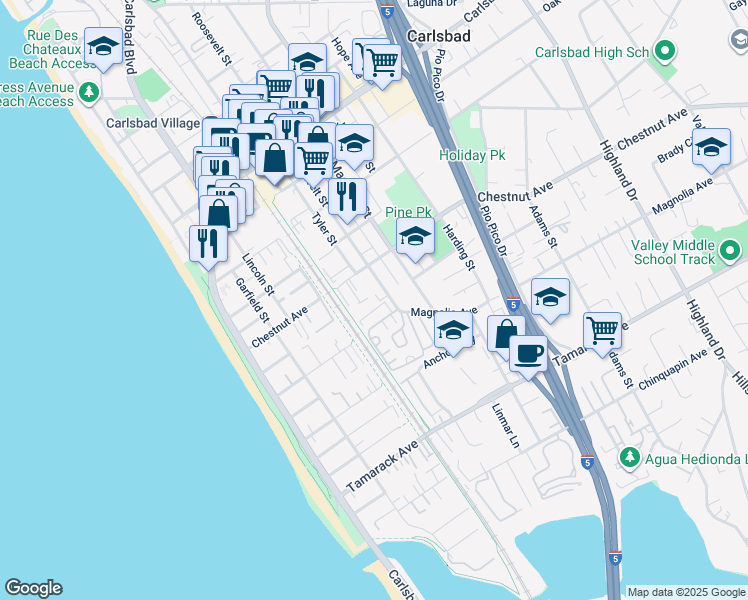 map of restaurants, bars, coffee shops, grocery stores, and more near 3539 Roosevelt Street in Carlsbad