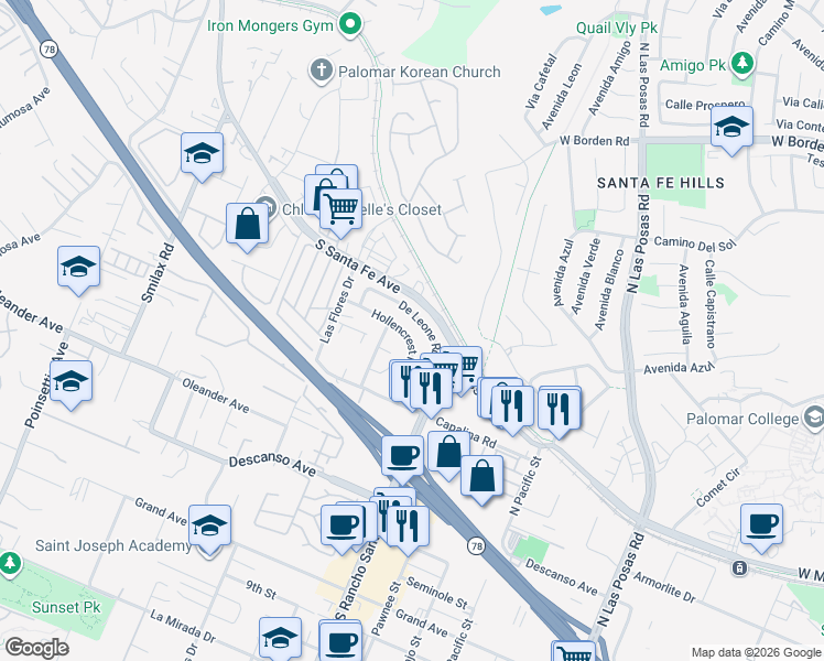 map of restaurants, bars, coffee shops, grocery stores, and more near 3512 Hollencrest Road in San Marcos
