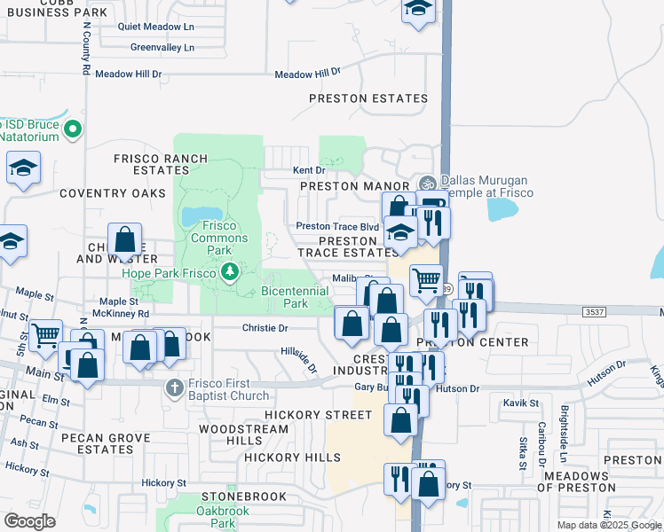 map of restaurants, bars, coffee shops, grocery stores, and more near 8529 Santa Clara Drive in Frisco