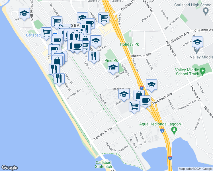 map of restaurants, bars, coffee shops, grocery stores, and more near 3539 Roosevelt Street in Carlsbad