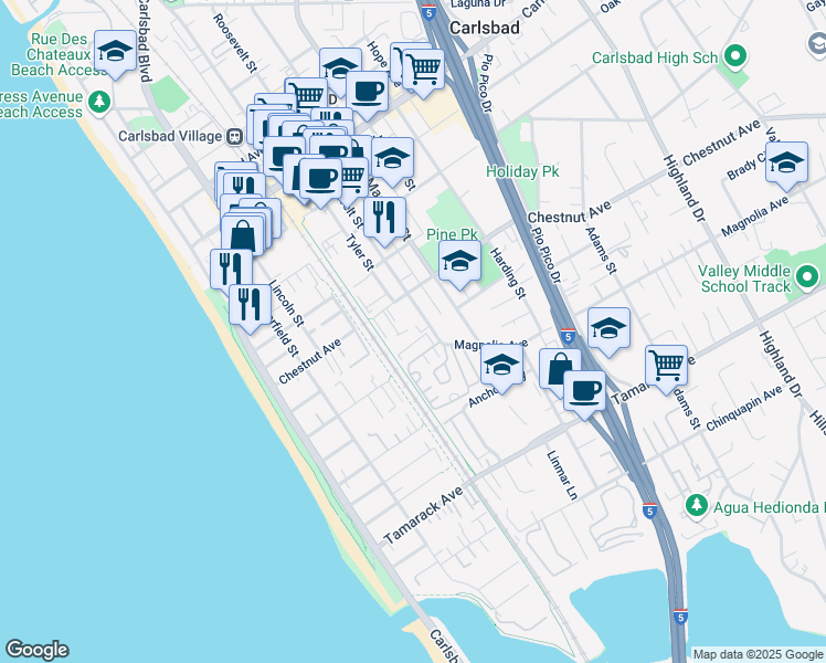 map of restaurants, bars, coffee shops, grocery stores, and more near 3539 Roosevelt Street in Carlsbad