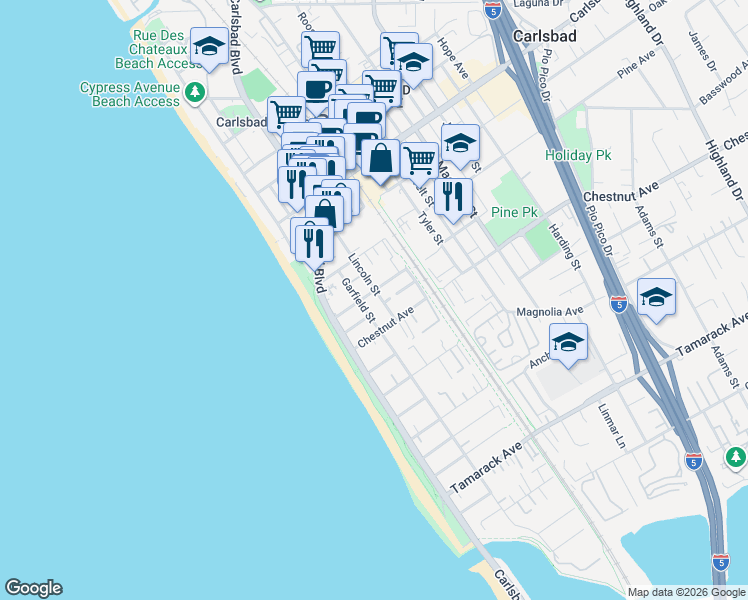 map of restaurants, bars, coffee shops, grocery stores, and more near 3349 Lincoln Street in Carlsbad