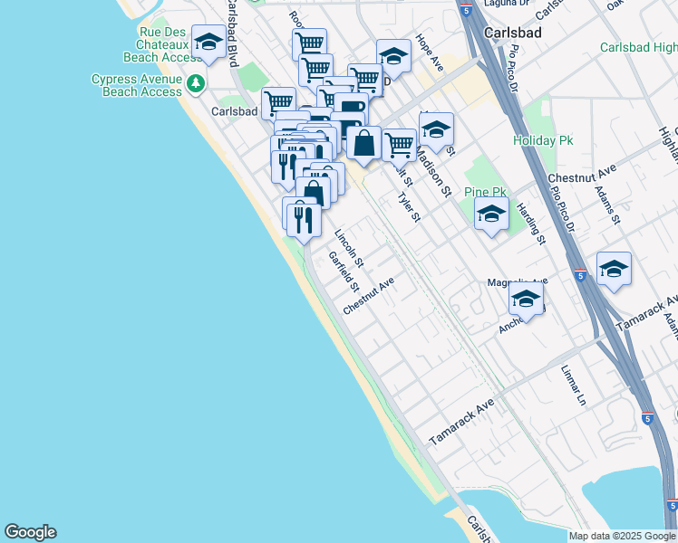 map of restaurants, bars, coffee shops, grocery stores, and more near 166 Walnut Avenue in Carlsbad