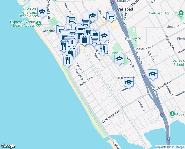 map of restaurants, bars, coffee shops, grocery stores, and more near 360 Chestnut Avenue in Carlsbad