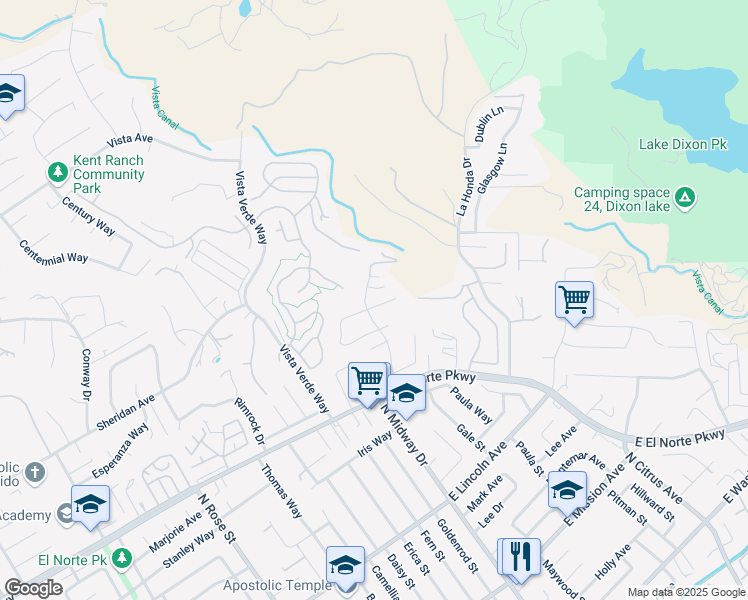 map of restaurants, bars, coffee shops, grocery stores, and more near 2106 Laura Drive in Escondido