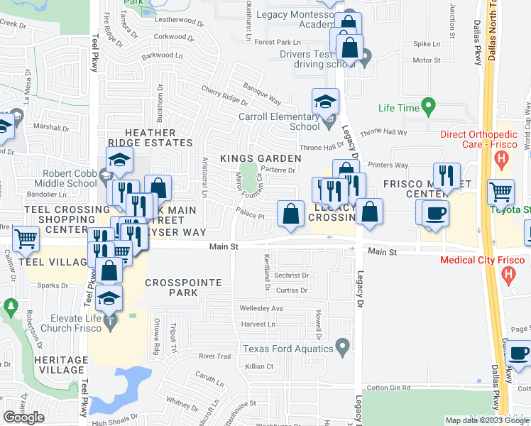 map of restaurants, bars, coffee shops, grocery stores, and more near 4014 Palace Place in Frisco