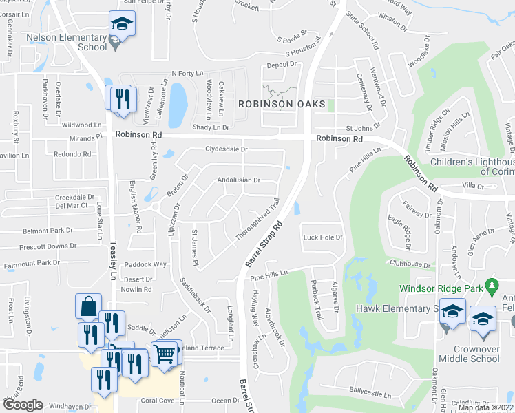 map of restaurants, bars, coffee shops, grocery stores, and more near 3613 Salon Court in Denton