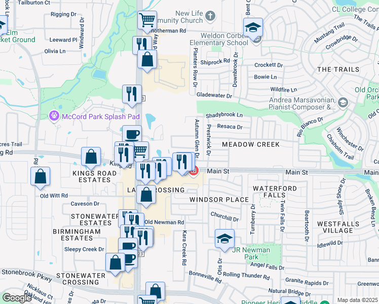 map of restaurants, bars, coffee shops, grocery stores, and more near 739 Shadow Trail in Frisco