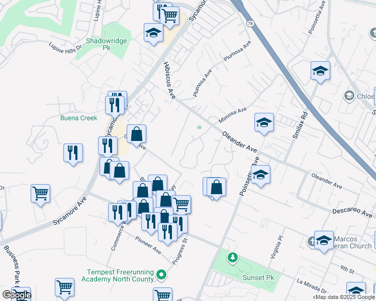 map of restaurants, bars, coffee shops, grocery stores, and more near 908 Mimosa Avenue in Vista
