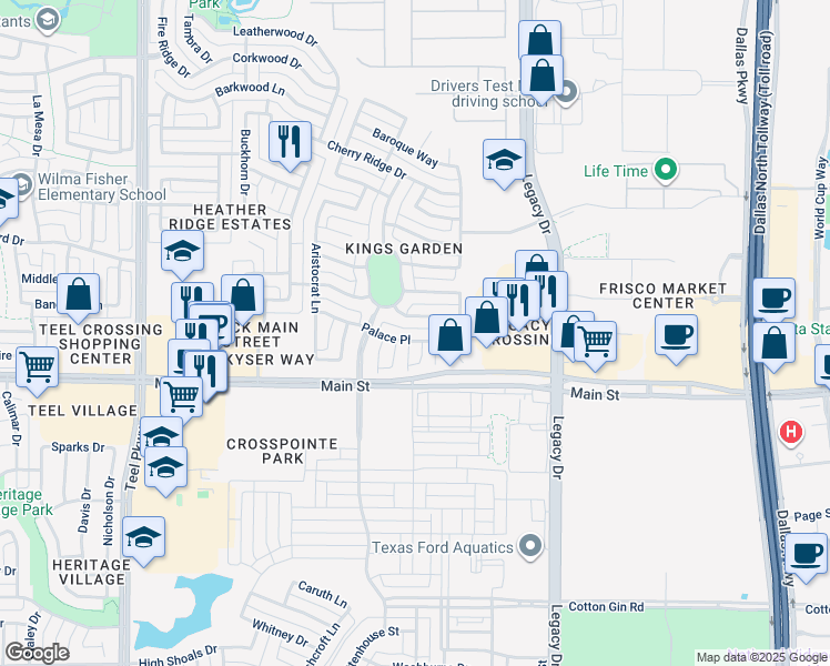 map of restaurants, bars, coffee shops, grocery stores, and more near 4032 Palace Place in Frisco