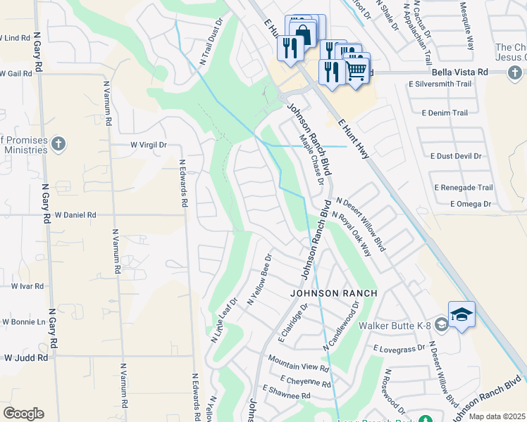 map of restaurants, bars, coffee shops, grocery stores, and more near 65 East Lupine Place in Queen Creek