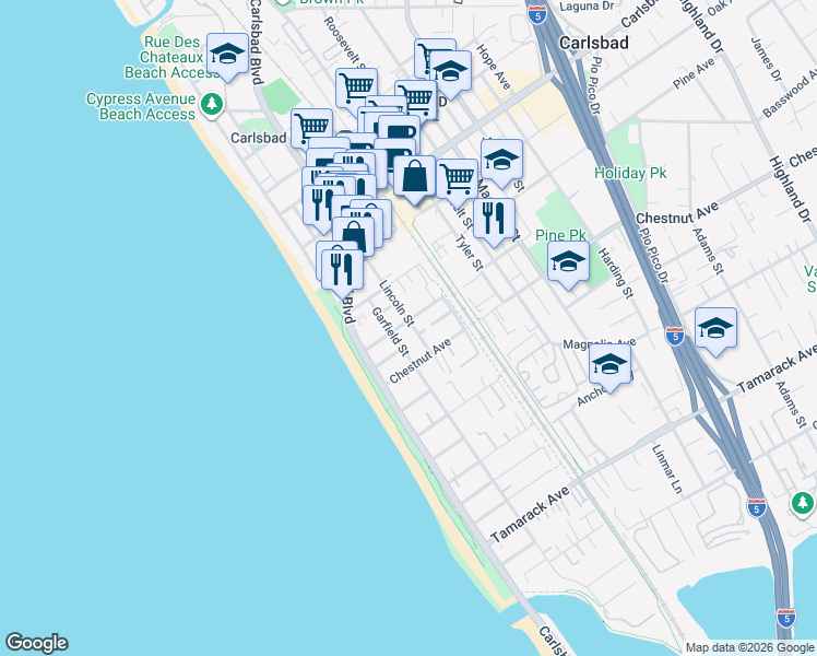map of restaurants, bars, coffee shops, grocery stores, and more near 3301 Lincoln Street in Carlsbad