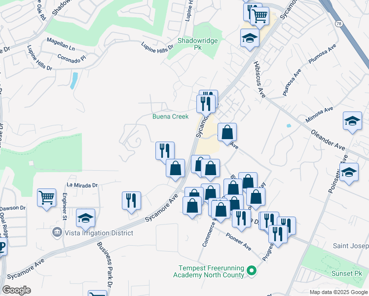 map of restaurants, bars, coffee shops, grocery stores, and more near 1345 Sycamore Ave in Vista