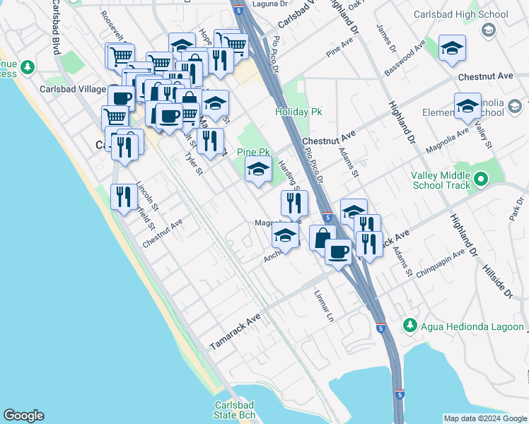 map of restaurants, bars, coffee shops, grocery stores, and more near 3557 Madison Street in Carlsbad