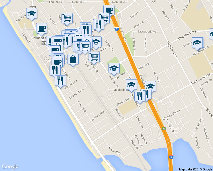 map of restaurants, bars, coffee shops, grocery stores, and more near 3539 Roosevelt Street in Carlsbad