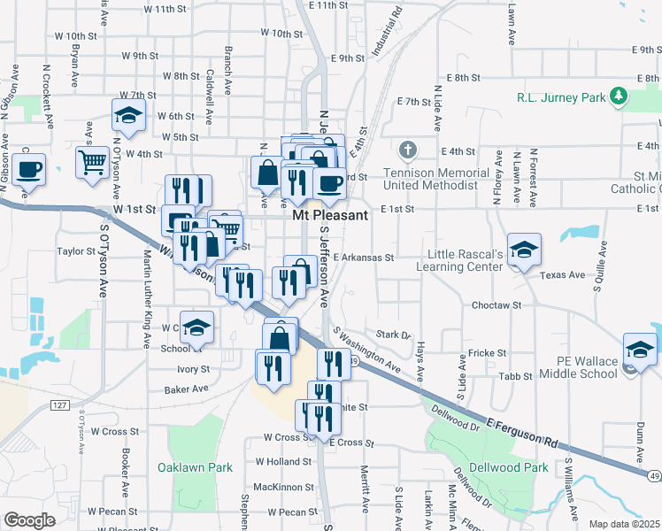 map of restaurants, bars, coffee shops, grocery stores, and more near 305 South Jefferson Avenue in Mount Pleasant