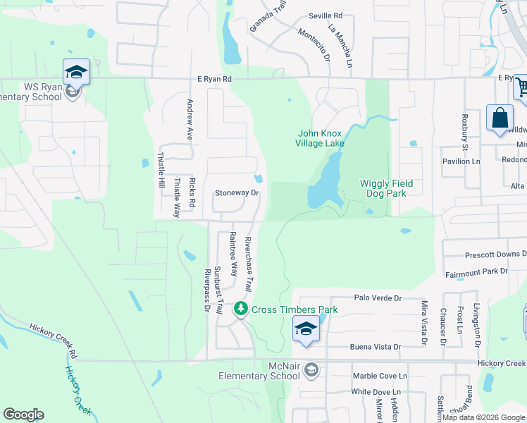 map of restaurants, bars, coffee shops, grocery stores, and more near 6905 Riverchase Trail in Denton