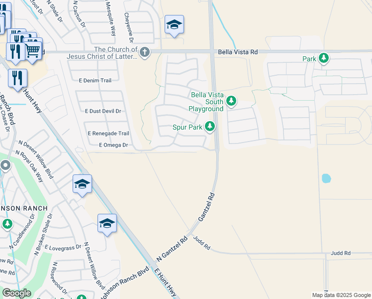 map of restaurants, bars, coffee shops, grocery stores, and more near 1827 East Omega Drive in San Tan Valley